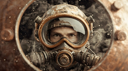 Intriguing image of a person in a vintage gas mask framed in a metallic aperture. Use as a cover for a sci-fi novel or graphic novel.