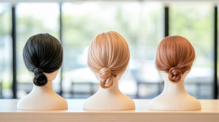 A hairstyling class focusing on creating elegant updos for weddings, with mannequin heads styled in classic and modern designs,