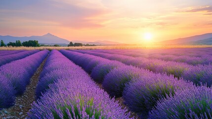 Obraz premium Scenic Lavender Field at Sunset in Provence France with Distant Mountains