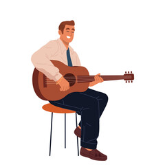 Fototapeta premium Man playing acoustic guitar. Vector guitarist performing a live song at stage. Person practice or recording string instrument. Solo music concert or musical show. Performer isolated sign. Soundcheck.