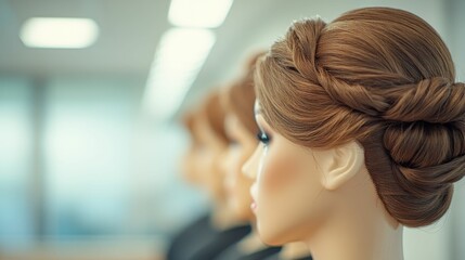 Elegant hairstyling techniques: mannequin display in professional workshop