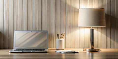 Serene Workspace Laptop, Desk Lamp, and Writing Utensils on Wooden Surface