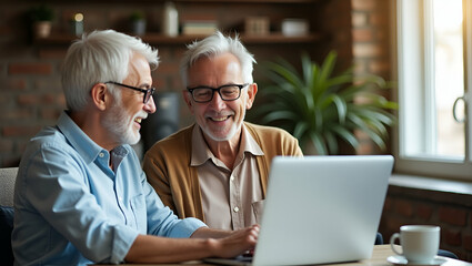 Flat Senior couple talking with laptop computer sharing ideas and staying connected through technology promoting digital literacy and relationship maintenance concept as Elderly couple using a laptop 