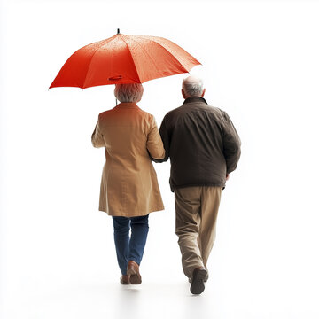 Rear view of a joyful elderly couple with umbrella strolling together in the rain, love and happiness, against a clean white background
