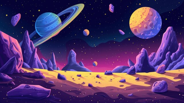 Illustration abstract outer space desert with rocks and yellow crater. Generated AI image