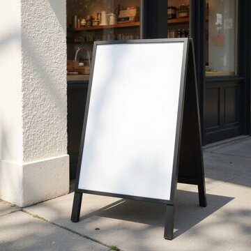 sandwich board sign white blank sidewalk stucco white wall natural poster clean surface minimalist aesthetic billboard sunlight shadow concrete black frame flyer texture mockup mockups standing store