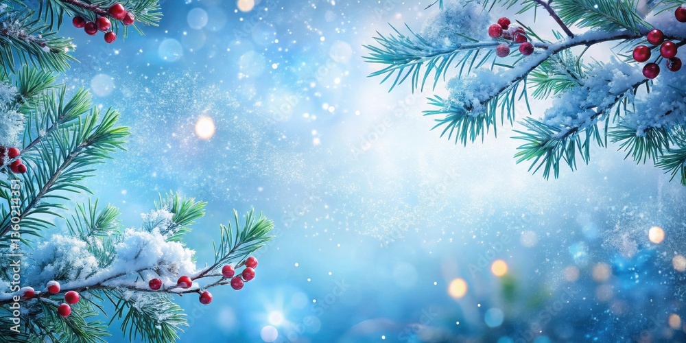 Poster winter wonderland snow-covered pine branches with red berries and sparkling background