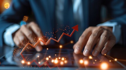 A man is pointing a virtual red line rising trend graph on a tablet