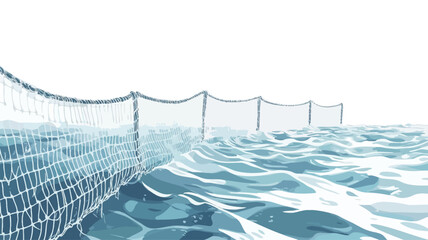 Obraz premium The image is a stylized illustration depicting multiple fishing nets stretching across a body of water. The nets are rendered in shades of light grey and white against a background of blue water.