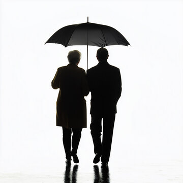 Silhouette, rear view of a joyful elderly couple with umbrella strolling together in the rain, against a clean white background