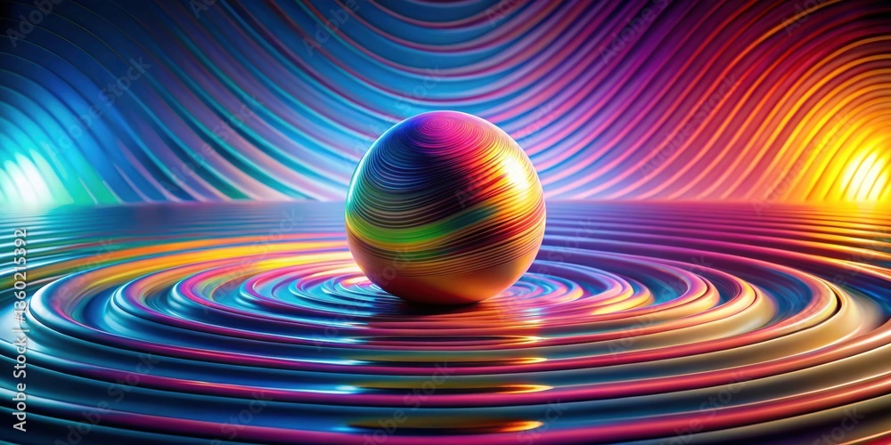 Aufkleber Abstract iridescent sphere rests on colorful swirling waves