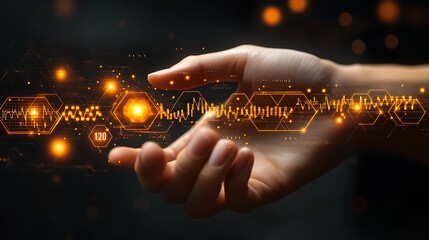 Human hand reaching out towards digital data visualization details