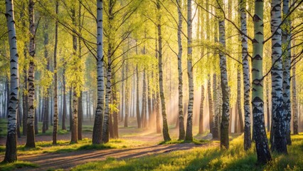 Fototapeta premium Golden Sunlight Illuminates a Path Through a Grove of Birch Trees, Their Delicate New Leaves Glowing in the Early Morning Light