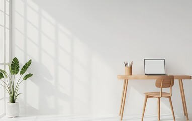 Bright Minimalist Home Office with Wooden Desk and Sunlight