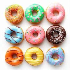 Colorful donuts display bakery food photography bright environment top-down view sweet treats concept