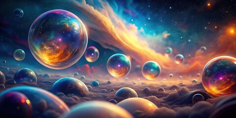 Celestial Spheres Drifting Across a Dreamlike Nebula, Reflecting Infinite Cosmos Within Each Orb