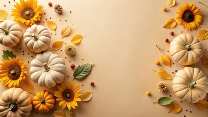 Obraz premium Autumnal Harvest Creamy Pumpkins, Sunflowers, and Golden Leaves Create a Festive Fall Scene