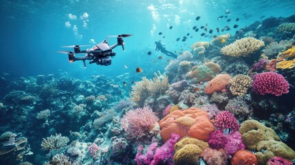 Obraz premium Underwater Exploration with Drone and Divers Amidst Vibrant Coral Reefs