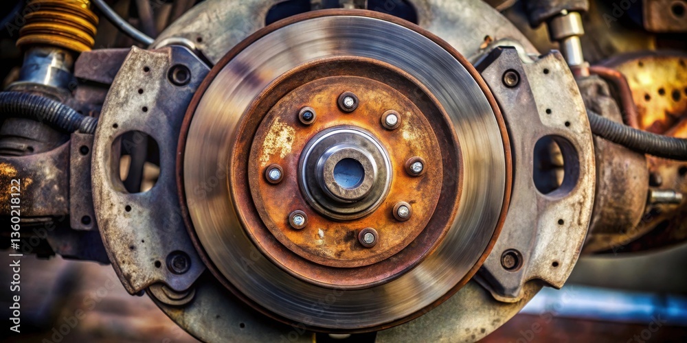 Poster close-up view of a rusty automotive disc brake rotor and caliper assembly