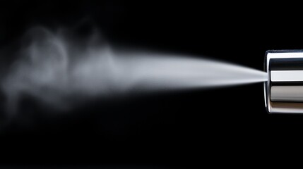 Close-up of a metallic nozzle emitting a fine mist against a dark background, showcasing fluid dynamics