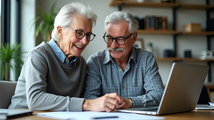 Senior Couple Engaged in Financial Planning with Laptop in Modern Home Office: Showcasing Technology, Communication, and Partnership in Elderly Life - Stock Photo Concept with Empty Space