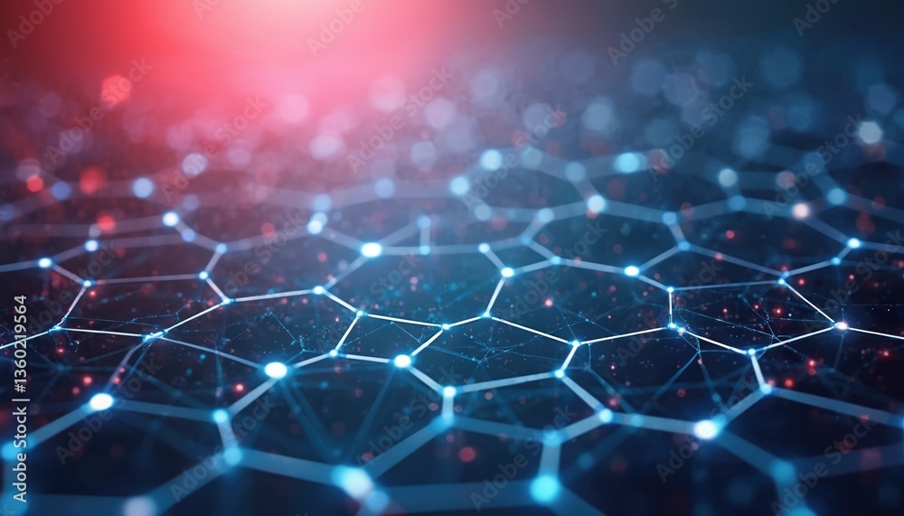 Poster abstract tech background with white hexagons on blue, red gradient. conceptual design data block, mo