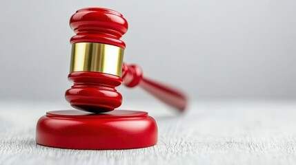 A close-up shot of a red wooden judges gavel resting on a sound block against a neutral background ready for an important court decision.