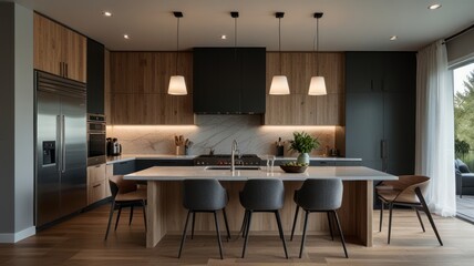 Modern kitchen with wood cabinetry, island with seating, and stainless steel appliances