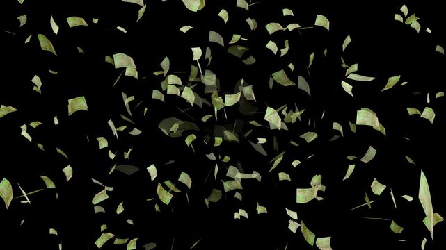 animation of many exploding flying  euro banknotes isolated on transparent background with alpha channel, overlay template for financial issues