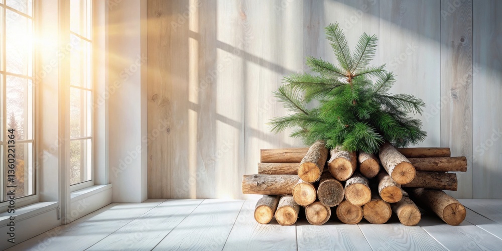Aufkleber serene winter scene evergreen branch rests on a stack of logs against a sunlit wall
