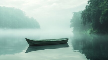 Fototapeta premium Misty morning, lone boat on calm lake, lush green banks, serene nature scene