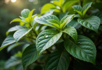 Close-up of vibrant green leaves with water droplets glistening in sunlight