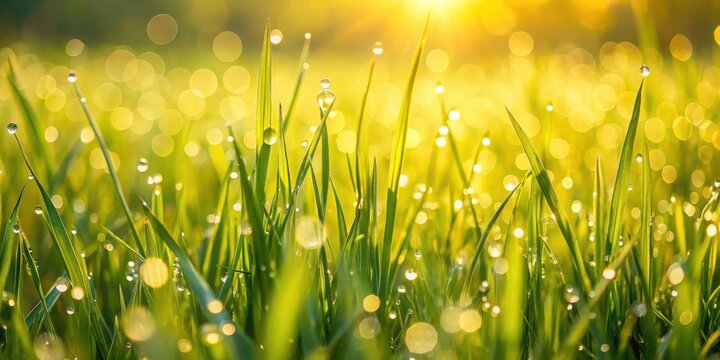 Vibrant green grass blades glistening with morning dew, bathed in the warm golden light of sunrise
