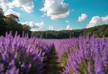 Obraz premium A stunning view of vibrant lavender fields under a bright blue sky