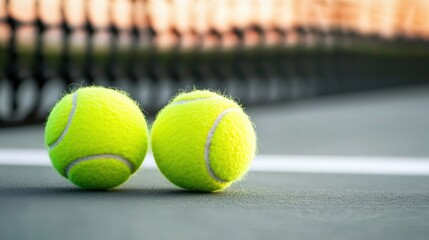 Two vibrant yellow tennis balls rest on a green court near a blurred tennis net du a sunny outdoor tennis match.