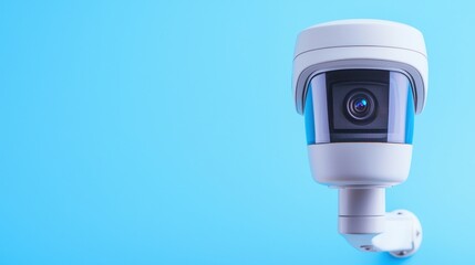 A modern white security camera with a protective dome is mounted on a light blue wall providing surveillance and safety.
