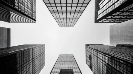 Fototapeta premium A striking view of tall skyscrapers from below, showcasing their glass facades against a cloudy sky, creating a dramatic urban perspective.
