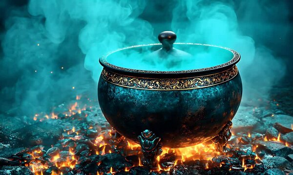 A cauldron bubbling with green liquid sits atop fiery coals, billowing with mystical vapor in a dark, enchanting setting