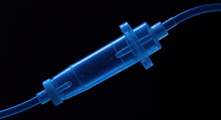 Close up of a blue plastic intravenous tubing connector on black background, equipment, healthcare, dental, tool, medical, clinic, instrument