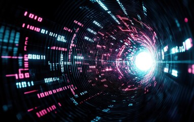 A digital tunnel of light and data streams, showcasing a blend of technology and vibrant colors, leading toward a bright focal point at the end.