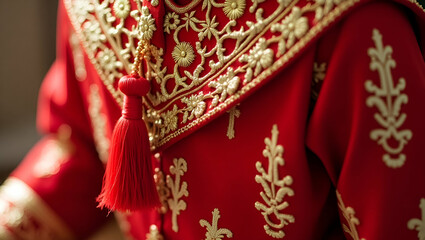 Elegant Flat Red Tassel Ornament with Gold Embroidery Design