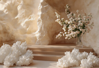 a minimalist product photography setup featuring an empty, rectangular brown wooden podium and a clear glass vase with flowers on the right side of it.
