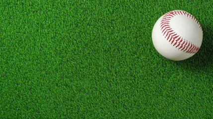 A single white baseball rests on a lush green artificial turf field providing ample copy space for text or s perfect for sports designs or promotions.