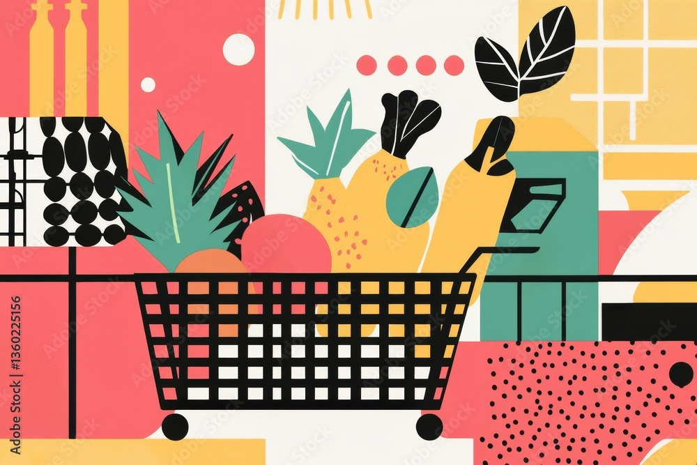 Aufkleber Stylish abstract depiction of grocery shopping with geometric shapes and bold colors in a modern design setting Generative AI