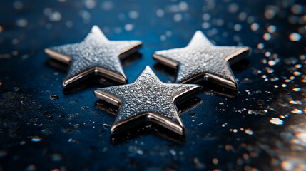 Close-up of three metallic stars with water droplets, on dark reflective surface, symbolizing achievement, success, or high rating