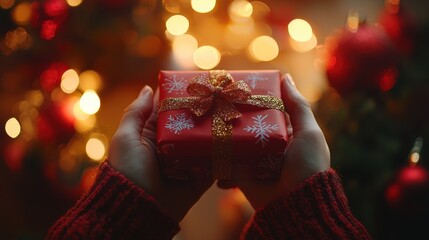 A person holding a beautifully wrapped Christmas gift with festive lights in the background.