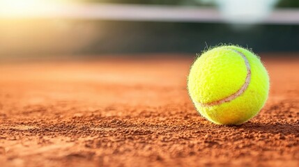 A vibrant yellow tennis ball rests on a clay court bathed in warm sunlight ready for an exciting game of tennis on a beautiful sunny day.