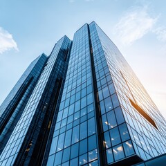 Obraz premium A modern skyscraper with glass facades, reflecting the sky, showcasing sleek architecture and urban design in a bright atmosphere.