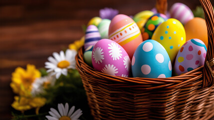 colorful easter eggs in basket. Easter Background