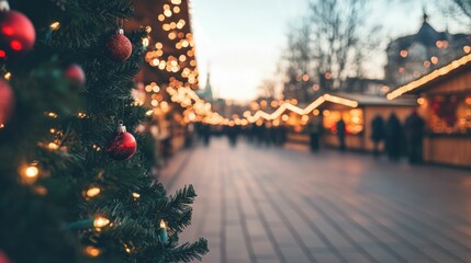 Brightly lit holiday market with colorful stalls and vibrant decorations, cheerful and bustling festive atmosphere
